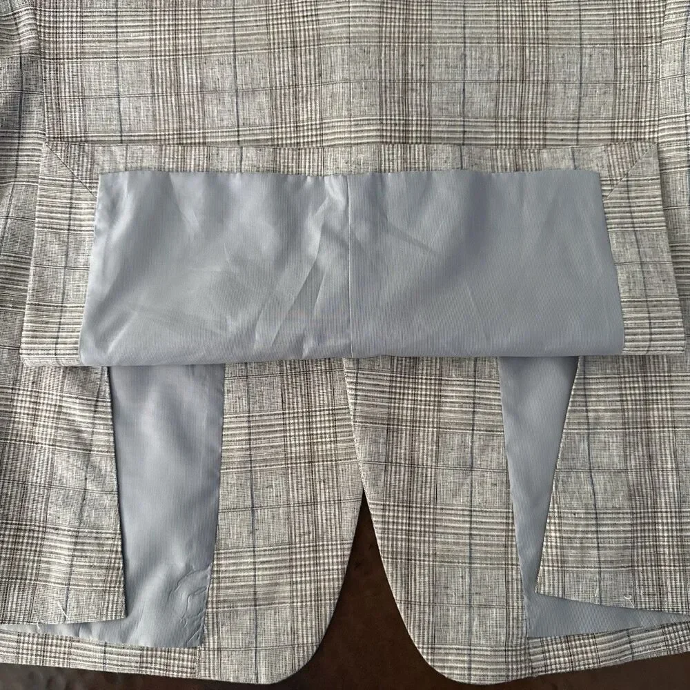 Joseph Abboud Paisley Linen Blazer Men 44S Slim Tan Plaid 2 Button Sport Coat